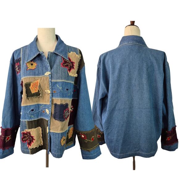 New Directions Blue Brown Denim Patchwork Fall Theme Embellishes Shirt Shacket M - Picture 1 of 3
